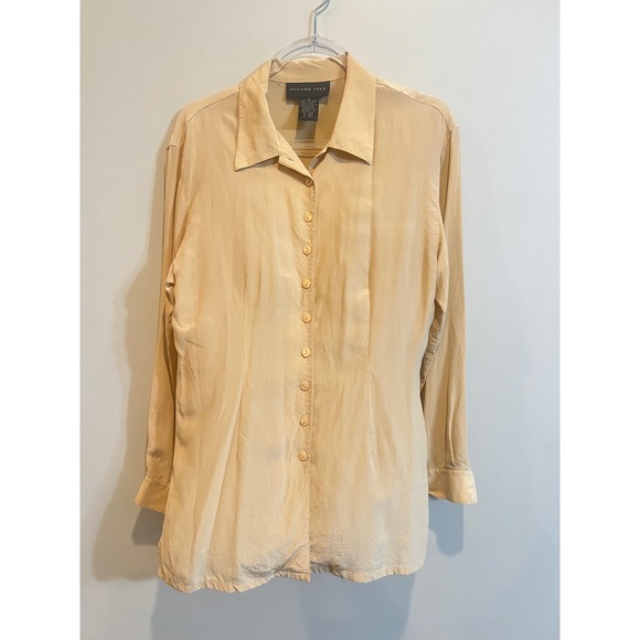 august silk Tops - August Silk Womens Medium Tan 100% Silk Long Sleeve Button Down Blouse Shirt